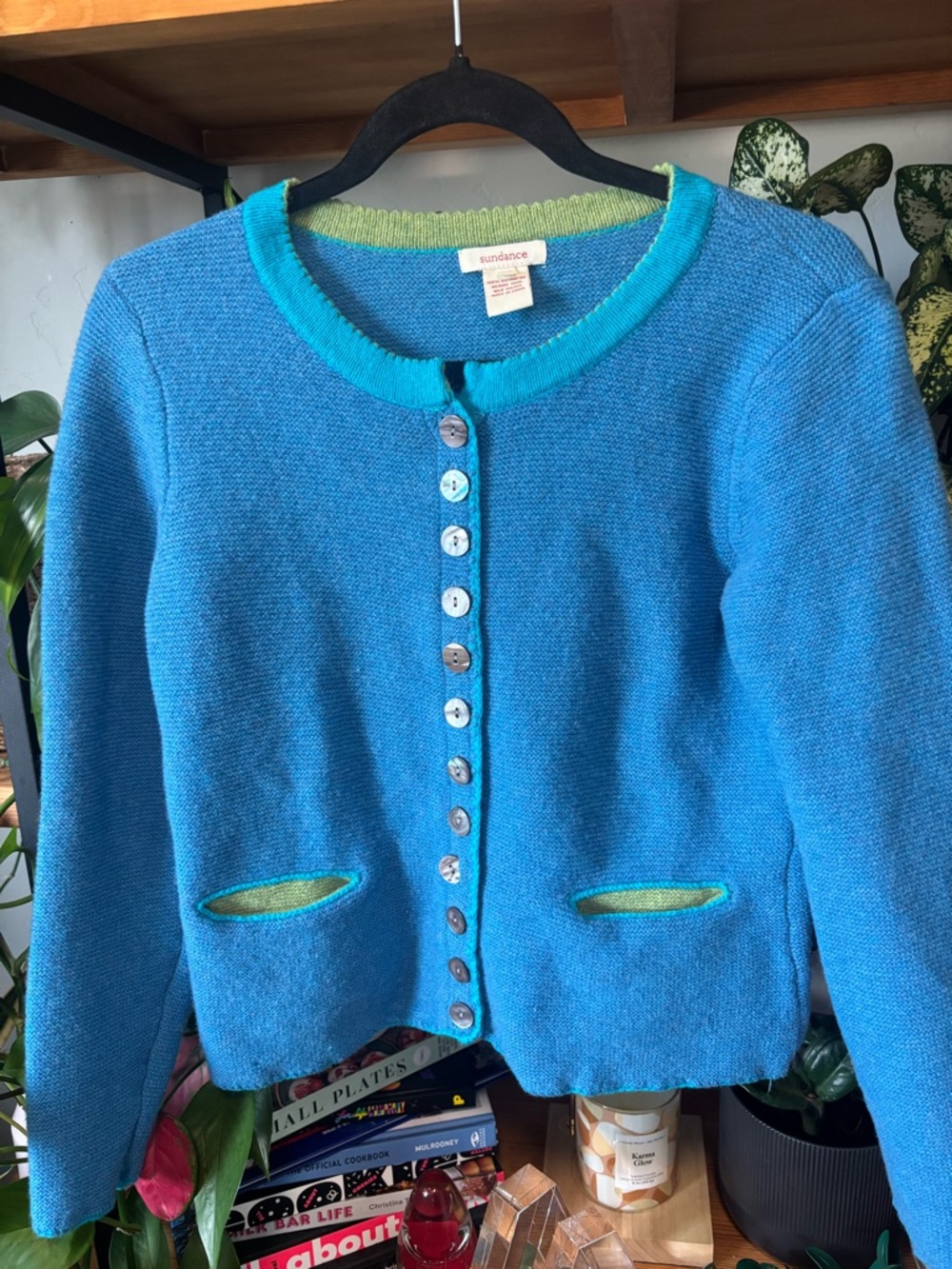 Sundance Blue knit button-front merino wool cardigan with lime trim | XS